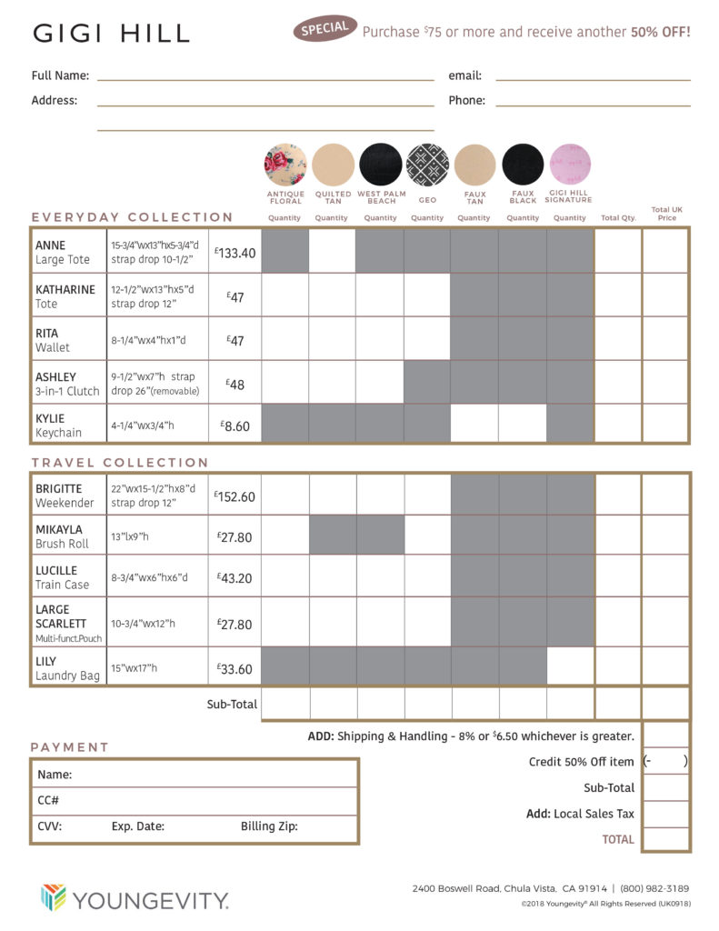 2018 Gigi Hill Order Forms UK Youngevity Resource Center